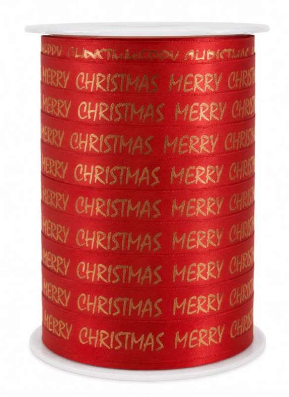 Gavebånd rød metall Merry Christmas 10mm x 250 meter