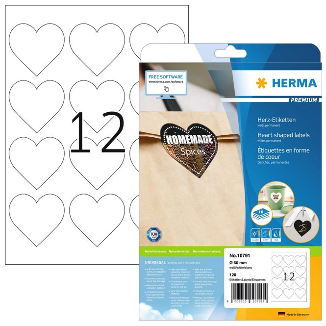Hovedbilde Etikett hjerte 60mm A4 Herma 120 stk.